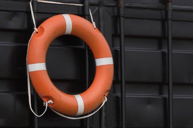 Estonya'da bir plajda bir kurtarma İstasyonu duvara asılı turuncu lifebuoy