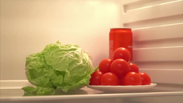 Cocktail Tomatoes Chinese Cabbage Drink Difficult Choice Healthy Food Refrigerator — Stock Video