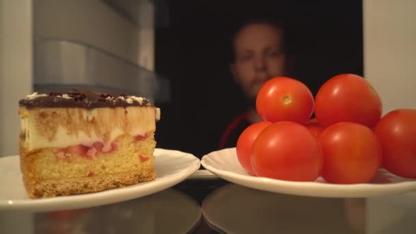 Cocktail Tomatoes Delicious Cake Difficult Choice Healthy Food Refrigerator View — Stock Video