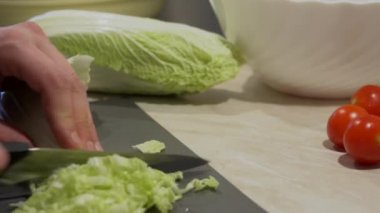 Baba çizgili gömlekli kokteyl domates ve Çin lahanası taze organik sebze salatası onun çocuklar için için yerli ev mutfakta yemek yapıyor