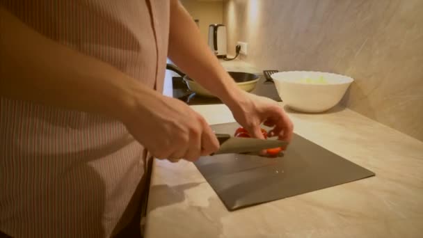 Padre Una Camisa Rayas Está Cocinando Ensalada Verduras Orgánicas Frescas — Vídeos de Stock