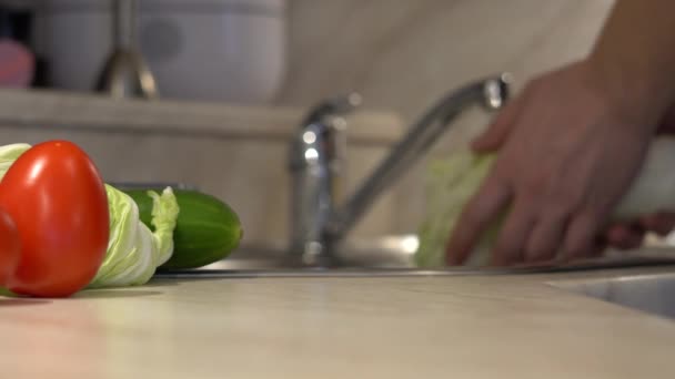 男人在做素菜之前正在洗大白菜叶 — 图库视频影像