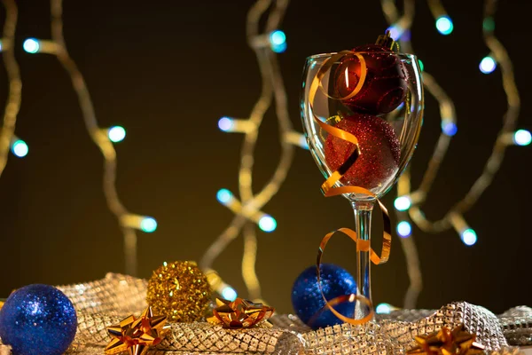 Christmas Cards Wine Glass Red Blue Gold Christmas Decorations Dark Royalty Free Stock Photos