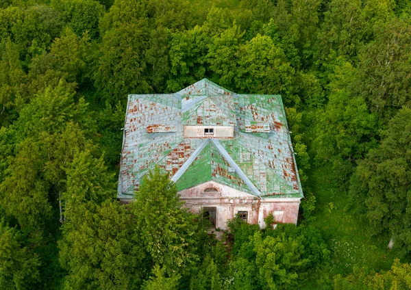Top aerial view shot. Part of abandoned building complex of Soviet military base on the Pakri Peninsula near town Paldiski in Estonia. History of Cold War!