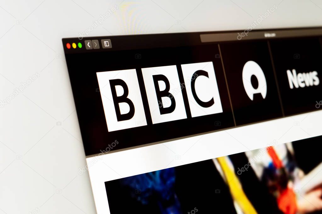 Washington, USA - March 29, 2019: BBC News website homepage. Close up of BBC News channel logo. an be used as an illustration for other news media or sites, as well as a link to the source of news
