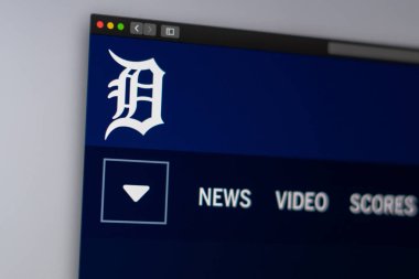 Miami / Amerika - 04.20.2019: Beyzbol takımı Detroit Tigers web sitesi ana sayfası. Takım logosunu kapatın. Haber medyası veya diğer web siteleri için açıklayıcı olarak kullanılabilir, bilgi veya pazarlama konsepti için iyi.