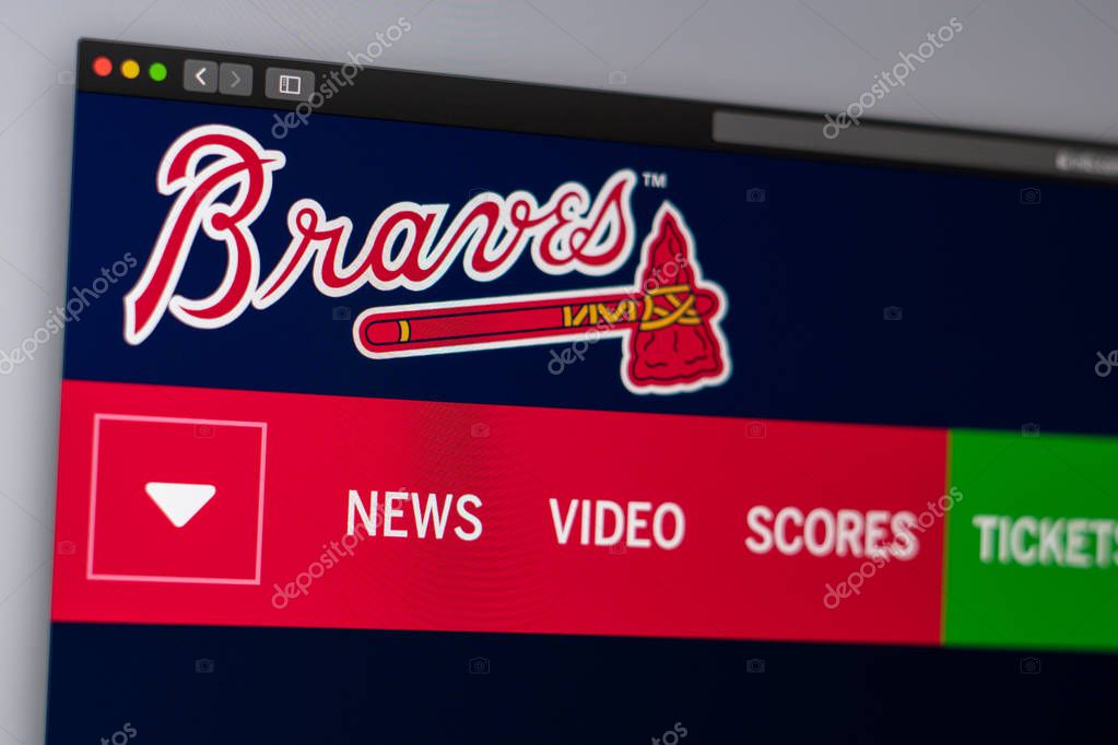 Miami / USA - 04.20.2019: Baseball team Atlanta Braves website homepage. Close up of team logo. Can be used as illustrative for news media or other websites, good for info or marketing concept.