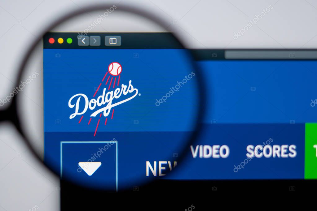 Miami / USA - 04.20.2019: Baseball team Los Angeles Dodgers website homepage. Close up of team logo. Can be used as illustrative for news media or other websites, good for info or marketing concept.