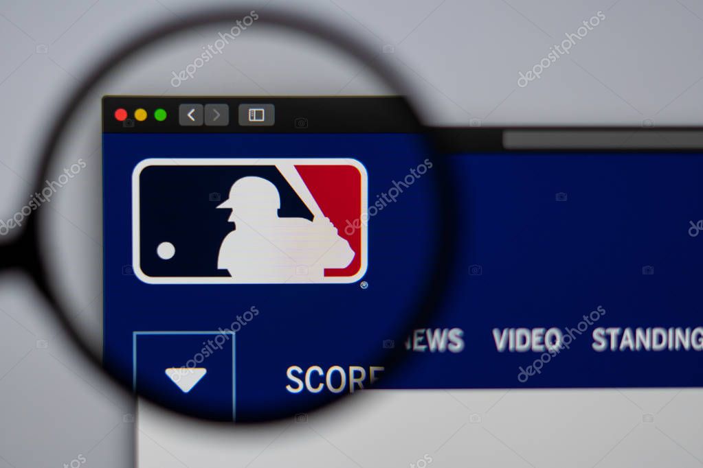 Miami / USA - 04.20.2019: Major League Baseball website homepage. Close up of MLB logo. Can be used as illustrative for news media or other websites, good for info or marketing concept.