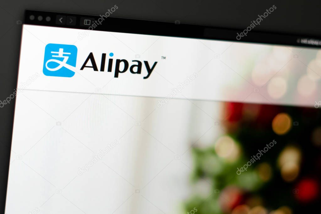 Miami / USA - 04.28.2019: Alipay company website homepage. Close up of Alipay logo. Can be used as illustrative for news media or other websites, good for info, business or marketing concept.