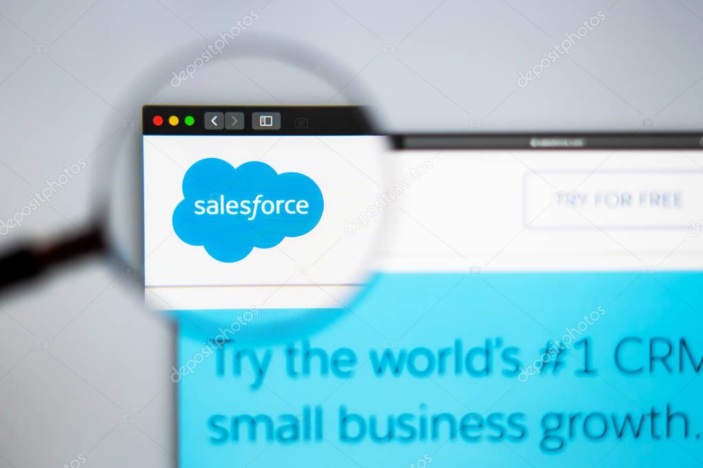 Miami / USA - 07.18.2019: SalesForce company website homepage. Close up of Sales Force logo. Can be used as illustrative for news media or other websites, good for business or marketing concept.