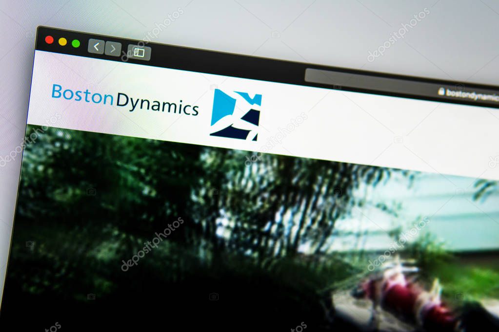 Miami / USA - 07.18.2019: Boston Dynamics company website homepage. Close up of  logo. Can be used as illustrative for news media or other websites, good for business or marketing concept.