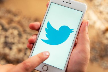 Sosyal medya Twitter logosu ile Apple telefon ile Kadın el
