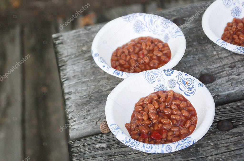 Baked Beans in Paper Bowls on Wooden Picnic Table