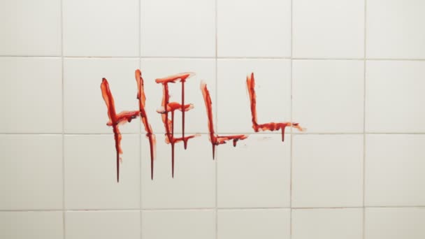 Hell Written Blood Wall Blood Falling Slowly Usefull Halloween — Stock Video