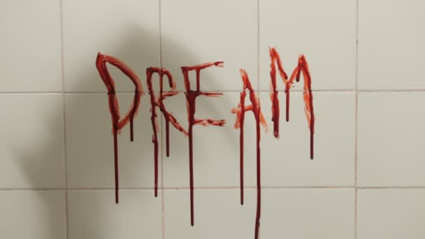 Sonho Escrito Com Sangue Uma Parede Sangue Está Caindo Lentamente — Vídeo de Stock