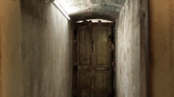 Багато Рук Позаду Creepy Двері Намагається Відкрити Його Переміщення Неприродним — стокове відео