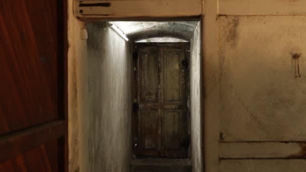 Strašidelný Tunel Pomalá Cesta Strašidelného Tunelu Zavřené Staré Dveře Jsou — Stock video
