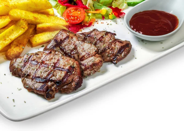 Bife Com Legumes Batatas Fritas Molho Churrasco Uma Tigela Fundo — Fotografia de Stock