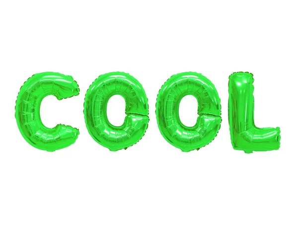 Word cool in english alphabet from green balloons on a white background. holidays and education.