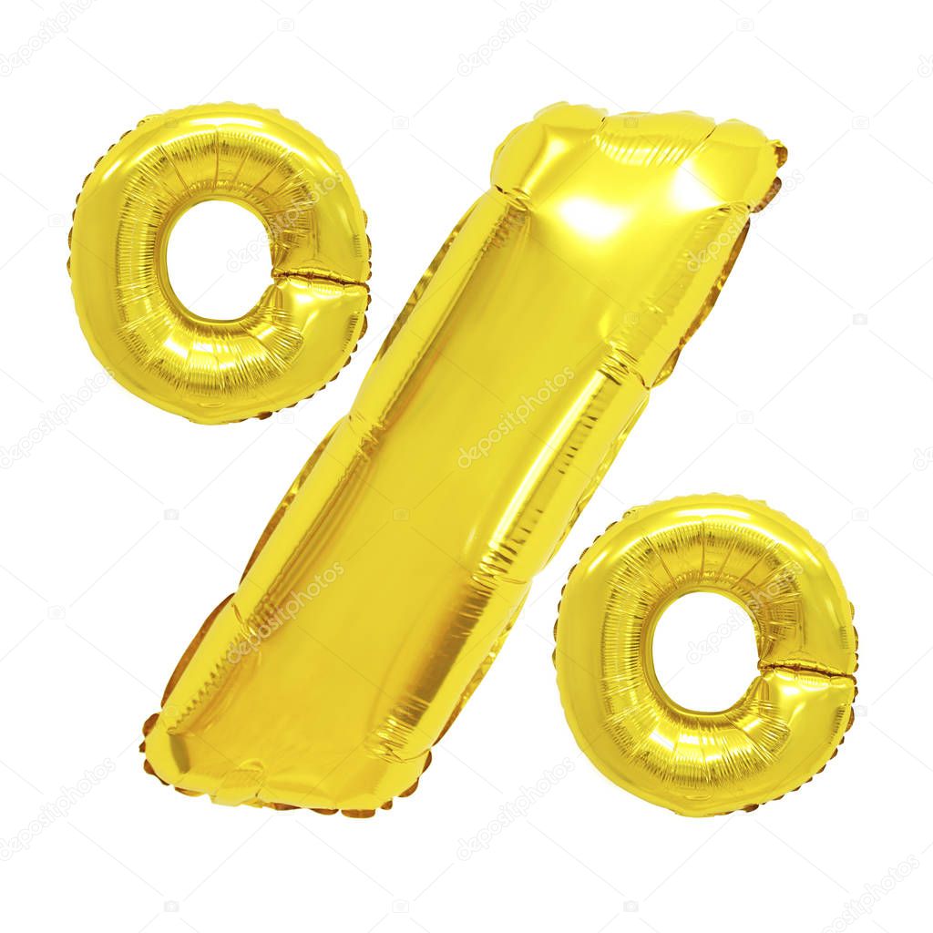 percent from golden color balloons on isolated background. discounts and sales