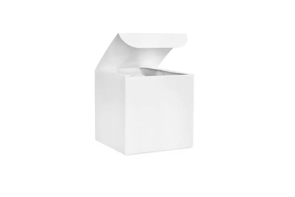 Egy Fehér Üres Csomagolás Nyissa Meg Doboz Elszigetelt Fehér Background — Stock Fotó