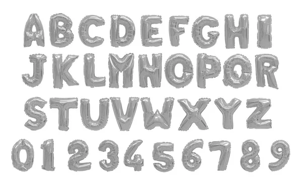 Αγγλικό Αλφάβητο Και Ψηφία Από Γκρι Chrome Μπαλόνια Λευκό Φόντο — Φωτογραφία Αρχείου