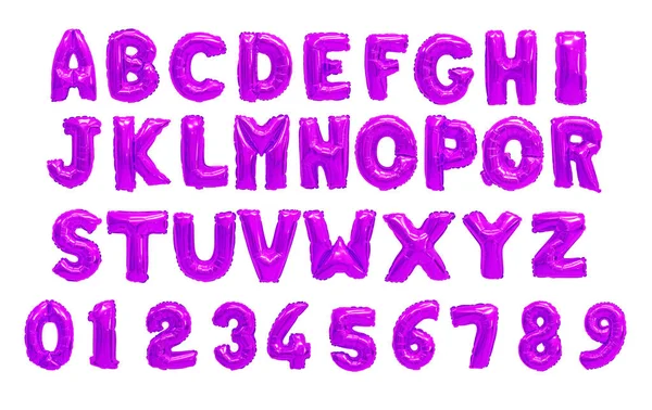 英語のアルファベットと数字 白地に紫 紫の風船から 休日と教育 — ストック写真