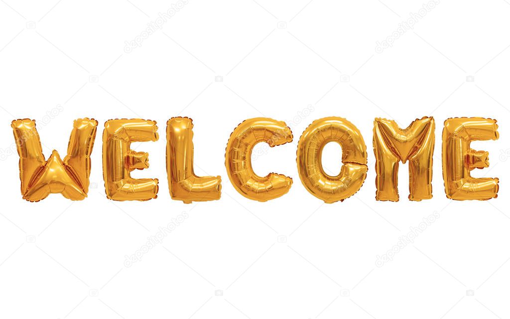 Word welcome in english alphabet from orange balloons on a white background. holidays and education.