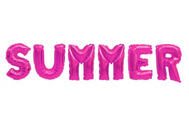 Beyaz bir arka plan üzerinde pembe balonları İngiliz alfabesinde kelime yaz. Tatil ve eğitim.