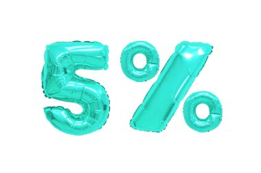 izole arka plan üzerinde turkuaz renkli balonları yüzde beş. indirimler ve satış