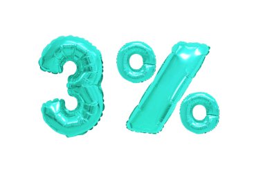 izole arka plan üzerinde turkuaz renkli balonları yüzde üç. indirimler ve satış