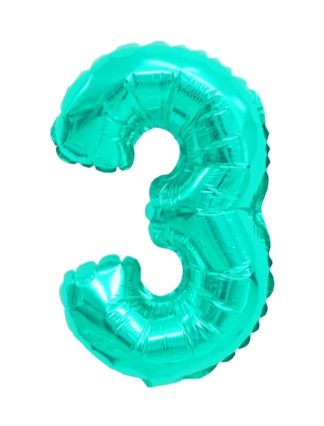 Número Três Balões Cor Azul Turquesa Num Fundo Branco Descontos — Fotografia de Stock