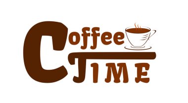 Bir fincan kahve kahve zaman - kahverengi harfler. Kahve molası hakkında bilgi