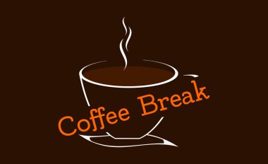 Bir fincan kahve ile kelimeleri gösteren grafik: kahve molası. Bir fincan kahve kahverengi bir arka plan üzerinde. Bir arka plan üzerinde başlık.