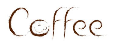 Kahverengi dekoratif metin bir fırça ile boyalı. Bir mektup bir fincan kahve. Poster, bir reklam, bir Web sitesi, bir afiş için grafik.