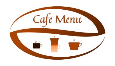 Bir restoran menü, kafeterya menüsü veya bir Web sitesi, bir reklam afiş, poster için grafik. Büyük kahve çekirdeği ve simgeler: bir espresso fincan, siyah kahve ve sütlü kahve bir bardak.