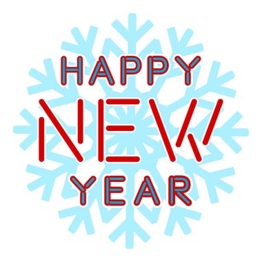 Mavi ve kırmızı metin mavi bir kar tanesi üzerinde iyi seneler. grafik için bir afiş, bir Web sitesi, bir reklam, bir poster, bir tebrik kartı.