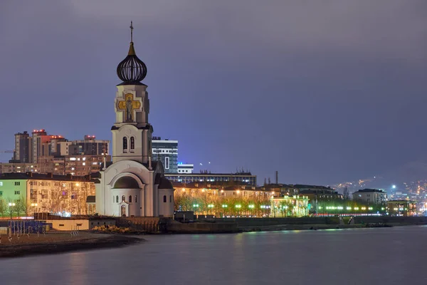 Novorossiysk Och Ryssland Kyrkan Strandpromenaden Natt — Stockfoto
