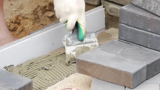 Laying Paving Slabs Close-Up. Road Paving, Construction. — Stock Footage Laying Paving Slabs Close Road Paving Construction Stock Footage