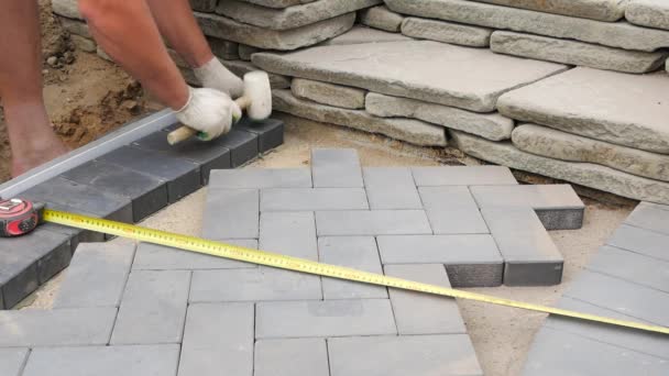 Laying Paving Slabs Close Road Paving Construction — Stock Video