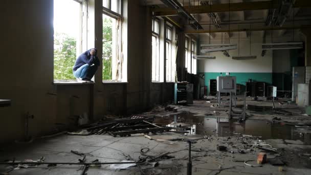 Hooded Depressed Young Man Empty Abandoned Building Young Man Wearing — Stock Video