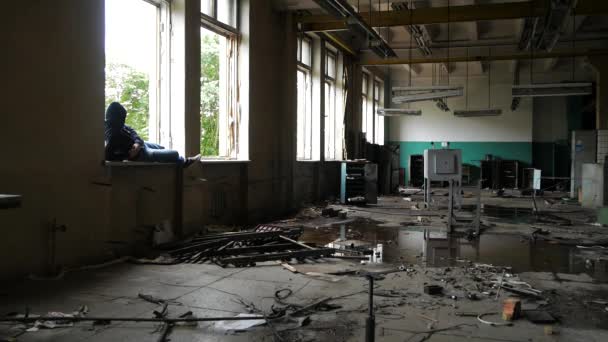 Hooded Depressed Young Man Empty Abandoned Building Young Man Wearing — Stock Video