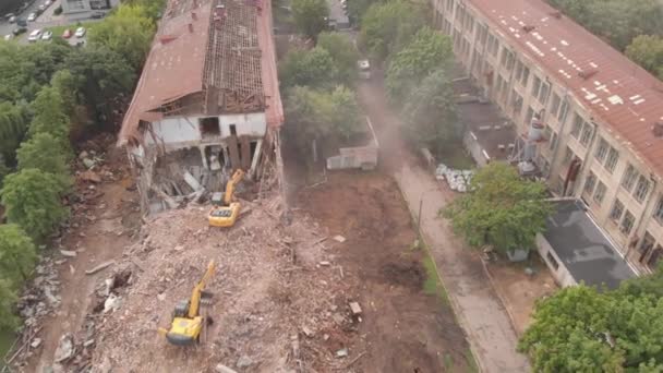 Aerial View Destruction Building Excavator — Stock Video