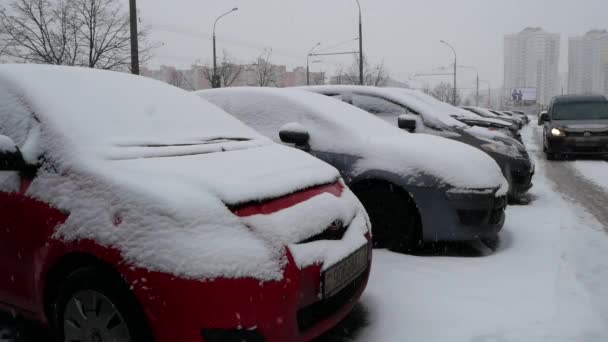 被雪覆盖的车 在严冬的风暴中 — 图库视频影像