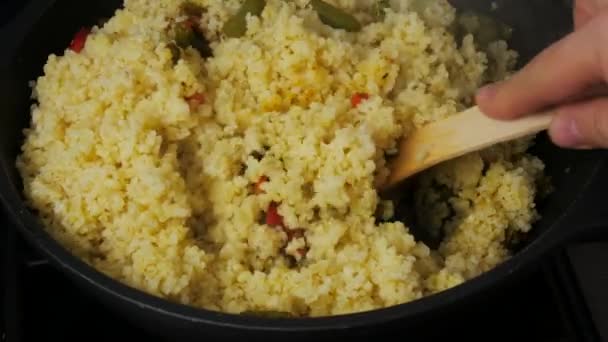 Bulgur Dish Pilaf Bulgur Man Mixes Bulgur Fried Vegetables Healthy — Stock Video