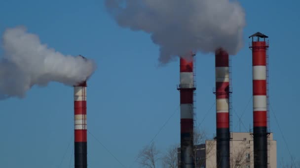 Luftföroreningar Från Industrianläggningar Rökindustrirör Röd Med Vitt Rör — Stockvideo