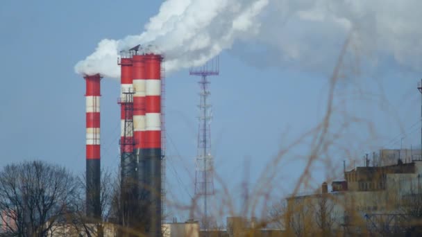 Poluição Plantas Industriais Fumar Tubos Industriais Vermelho Com Tubo Branco — Vídeo de Stock