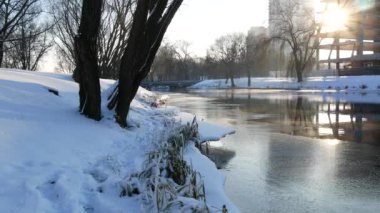 Kış güneşli gün açık havada. Kış akan nehirde. Frost'un dallar üzerinde.