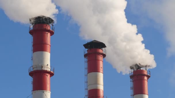 工业厂房的空气污染 抽烟的工业管道 红色配白色烟斗 — 图库视频影像